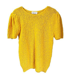 Across America Knit Maven Womens Yellow  Knit Sweater L Puff Sleeve Short Sleeve